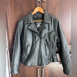 Women's Black Leather Motorcycle Jacket By  Silver Bike Zip Out Liner Size XL